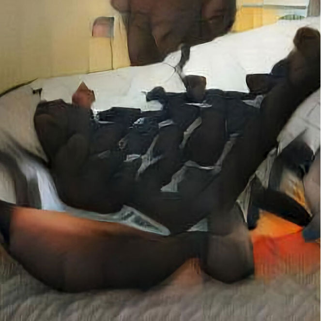 An AI Generated Artwork: A trans masculine gender-nonconforming person and a transfeminine non-binary person sleeping together in bed