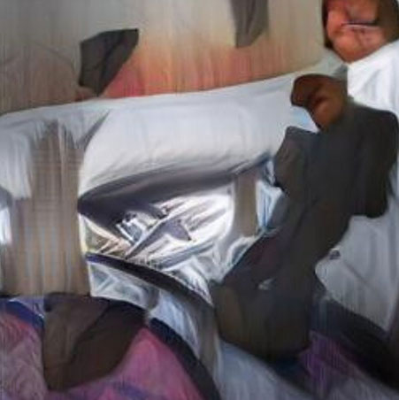 An AI generated Artwork: A man laying on top of a bed under a blanket.