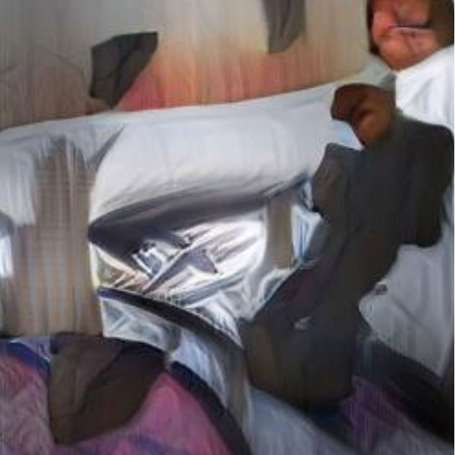An AI generated Artwork: A man laying on top of a bed under a blanket.