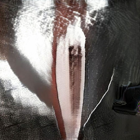 An AI generated image: A transgender woman standing at a bar with her hand under her chin.