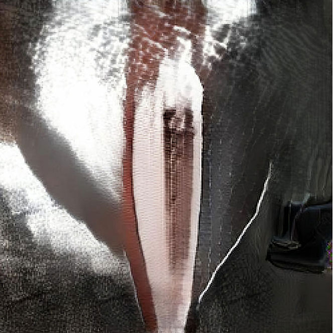 An AI generated image: A transgender woman standing at a bar with her hand under her chin.